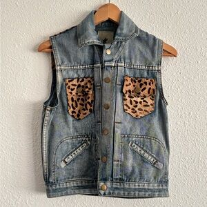 One Teaspoon Denim Vest with Pony Hair Leopard Print Pockets and Back